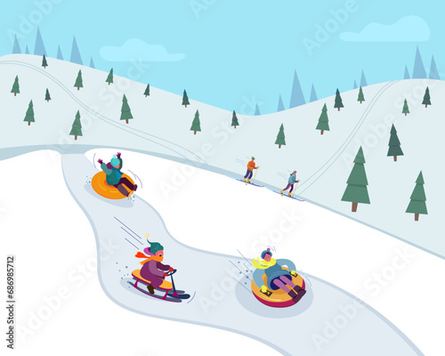 Children sliding down snowy hill vector illustration, couple skiing in forest on background. Snowy weather, outdoor adventure, leisure activities concept