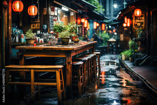 An inviting Japanese street at night with traditional lanterns and empty tables awaiting diners, reflecting a warm ambiance.