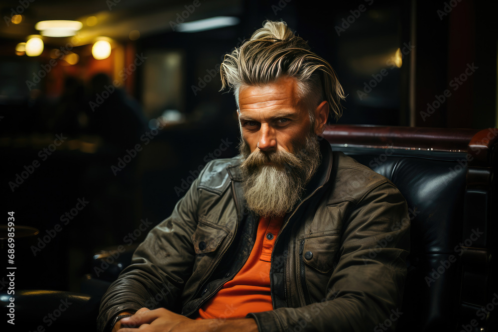 Stylish bearded mature man with a trendy hairstyle sitting thoughtfully in a bar, exuding confidence and sophistication.