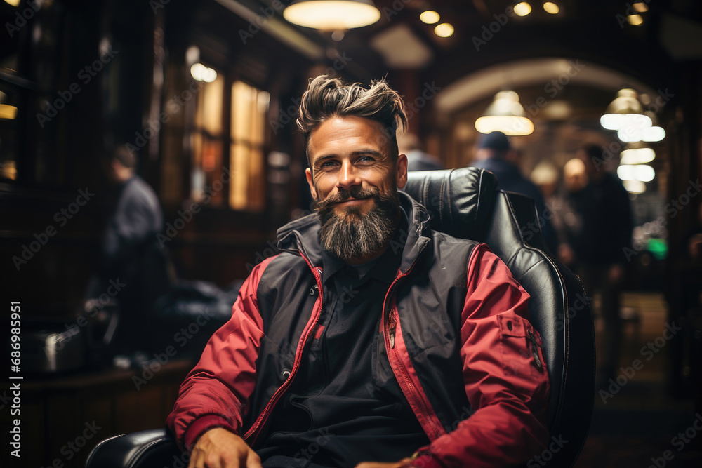 Obraz premium A smiling bearded man sitting in a barber shop, looking trendy and relaxed with a stylish haircut.