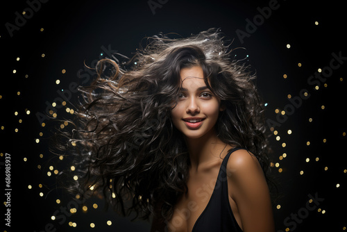 Beautiful woman with long wavy hair smiling on a dark background with sparkling lights, embodying elegance and joy.