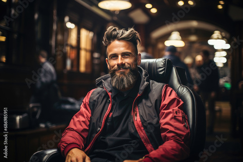 A smiling bearded man sitting in a barber shop, looking trendy and relaxed with a stylish haircut.