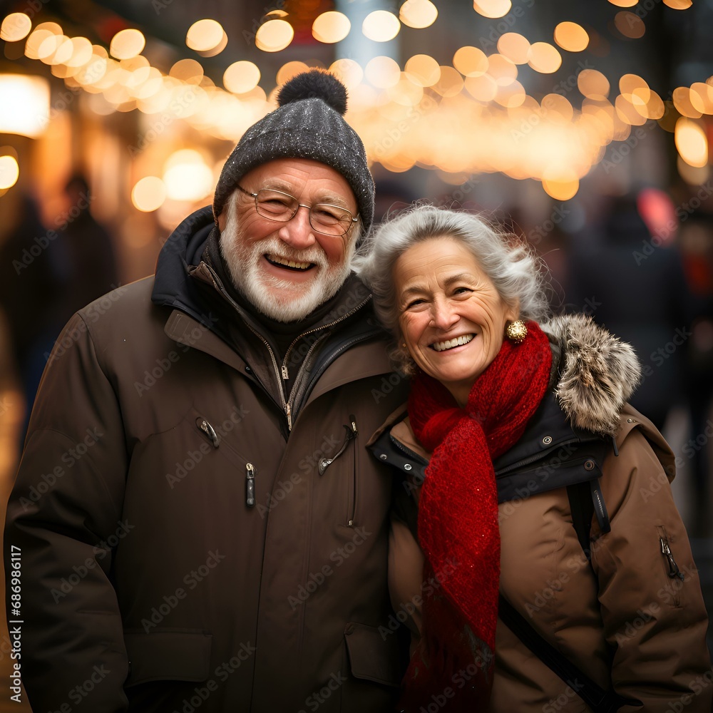 Happy elderly couple laughs and talks on an evening walk against the backdrop of bokeh and glare from holiday light bulbs and lanterns (Ai generation) Happy elderly couple laughs and talks on an evening walk against the backdrop of bokeh and glare from holiday light bulbs and lanterns (Ai generation)