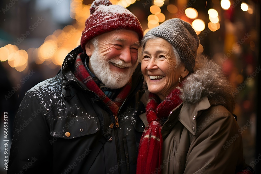 Happy elderly couple laughs and talks on an evening walk against the backdrop of bokeh and glare from holiday light bulbs and lanterns (Ai generation)