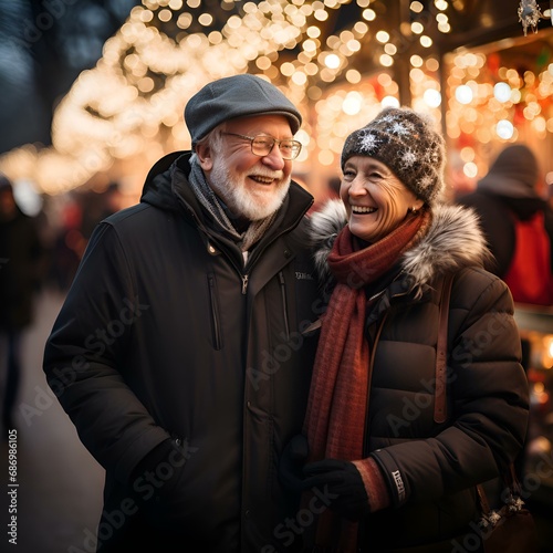 Happy elderly couple laughs and talks on an evening walk against the backdrop of bokeh and glare from holiday light bulbs and lanterns (Ai generation)
