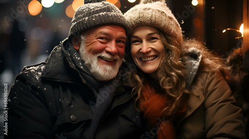Happy elderly couple laughs and talks on an evening walk against the backdrop of bokeh and glare from holiday light bulbs and lanterns  Ai generation 