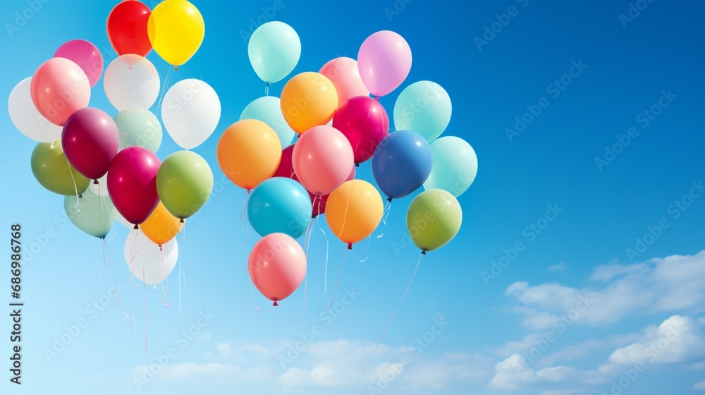 A collection of brightly colored balloons floating against a clear blue sky, creating an atmosphere of joy and celebration.