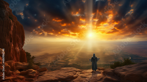 Prayer on the Top of the Mountain Under the Rays of the Sun