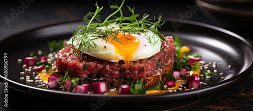 Gourmet beef tartar with egg and vegetables presented on a modern dish.