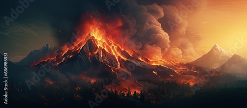 Mountain engulfed by massive wildfire. photo