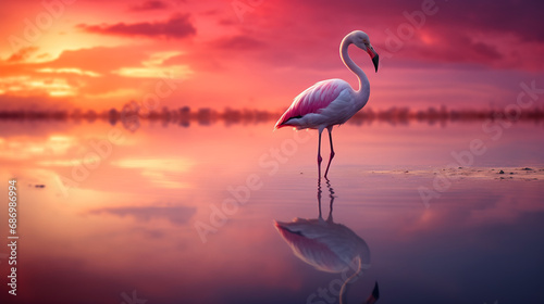 Beautiful Landscape with Flamingo at Sunset