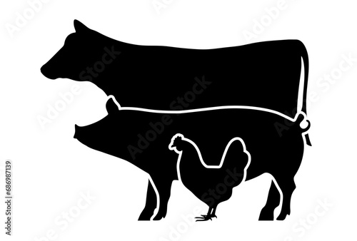 Cow, pig and chicken. Silhouettes of farm animals. Logo of farm products
