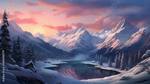 Winter Wonderland Beauty: AI-Crafted Dusk in the Mountains