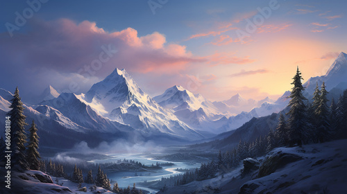 Dusk Serenity: AI-Generated Snow-Capped Winter Peaks © hanzu
