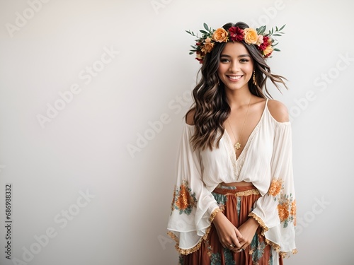 Gorgeous girl with a bright smile  styled in a bohemian style with a crown of flowers
