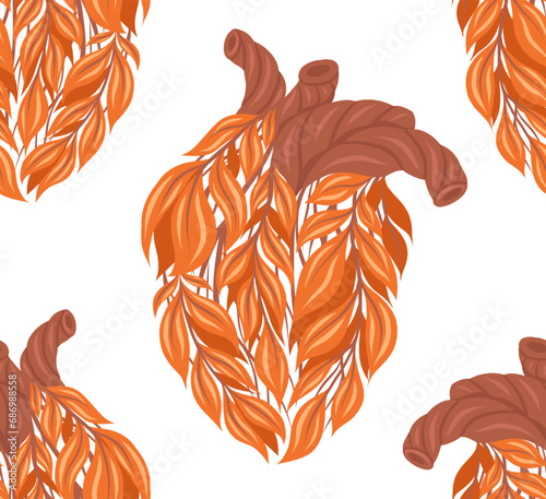 Vector seamless pattern with unhealthy human hearts made of leaves on white background. Internal old organ transplantation. Medicine texture