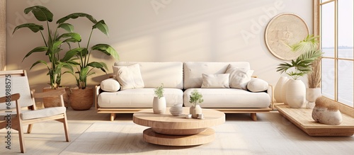 Modern home decor with a neutral modular sofa, rattan armchair, coffee tables, and personal accessories.
