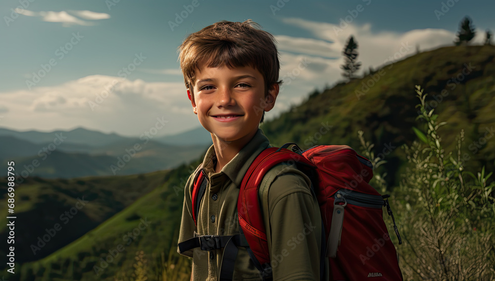 cute kids hiking as well with their gear in nature