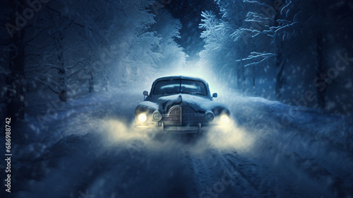In winter a car drove in a blizzard