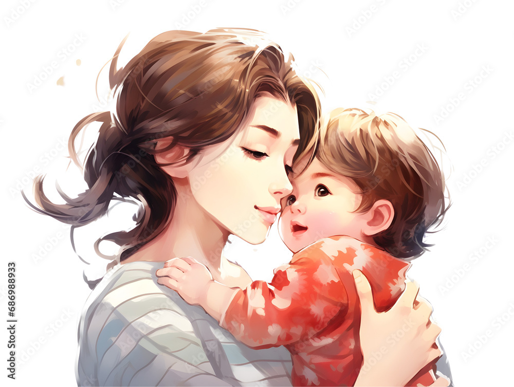 Loving mother embracing children, family love, warm illustration, hearts background, happy, mother's day