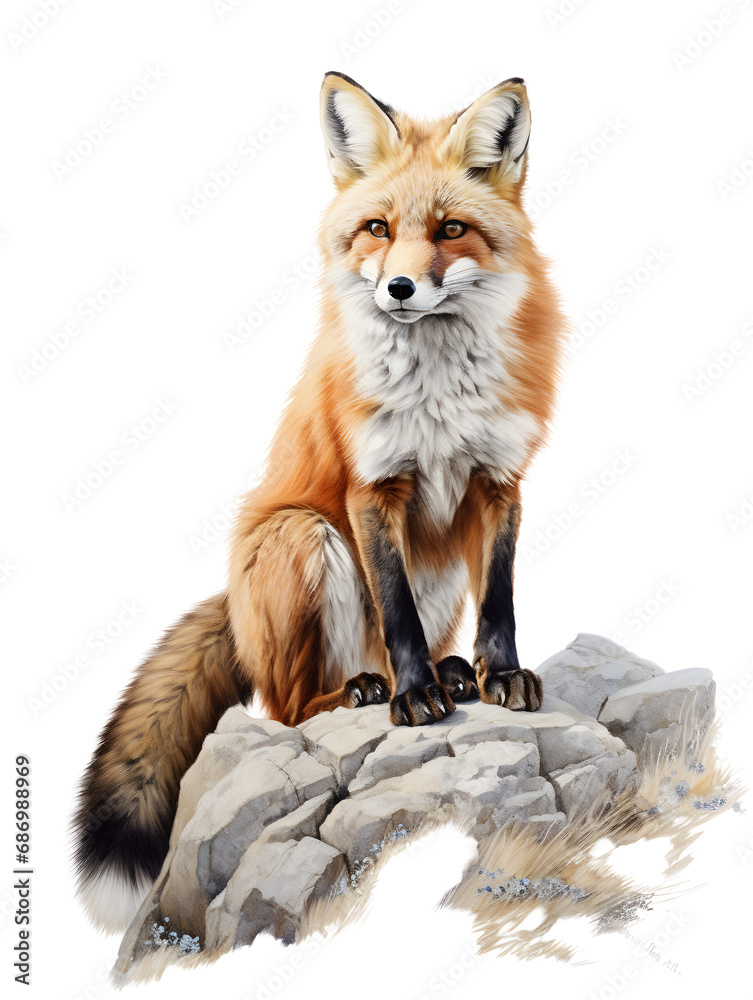 Fototapeta premium Red fox portrait, intense gaze, wildlife animal, majestic creature, isolated on white, natural elegance