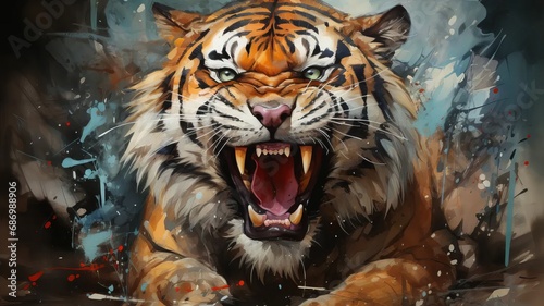 Watercolor illustration of a tiger with its mouth open