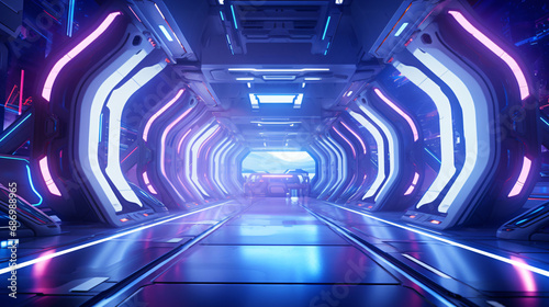 Inside a neon-lit spaceship