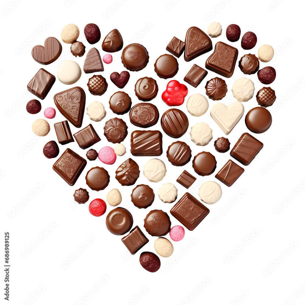 Heart-shaped design made of chocolate candies on a white background, ideal for sweet themes Heart-shaped design made of chocolate candies on a white background, ideal for sweet themes