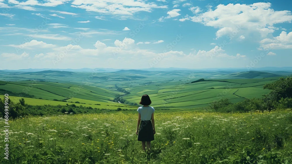 A person looks out over a green meadow under a bright blue sky. Peaceful green landscape with a woman in the foreground.