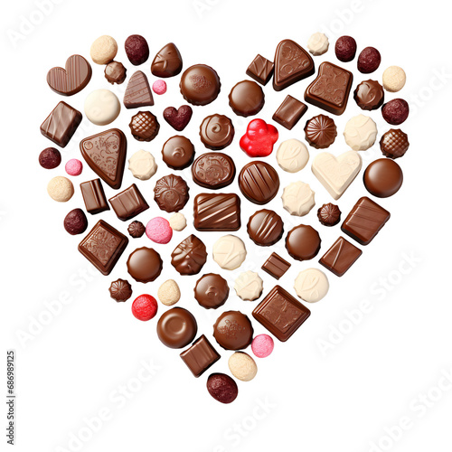 Heart-shaped design made of chocolate candies on a white background, ideal for sweet themes