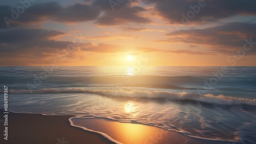  captivating scene of the sun breaking over the sea at sunrise, illuminating the horizon with a soft and ethereal light, capturing the beauty of a new day by the water