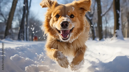 Playful Dog Running Through Snowy Winter Landscape