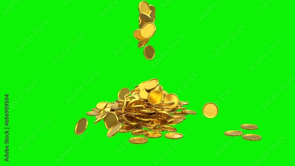 3d gold coins rain pile on the floor green screen and overlay animation video with the same duration.