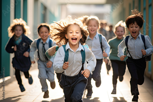 kids running in a hallway of school, back to school concept