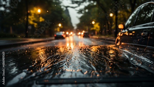 A car windshield during a rainstorm, with raindrops streaking across the glass, creating an immersive and cinematic view of the wet road ahead