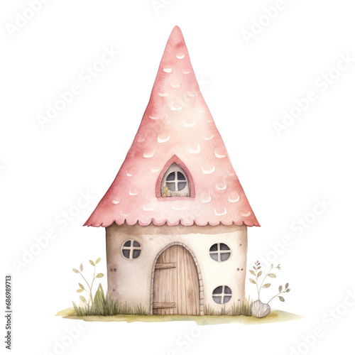 Watercolor of gnome house, Fairy tale house isolated on background. photo