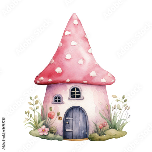 Watercolor of gnome house, Fairy tale house isolated on background.