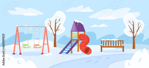 Children playground in snowy park vector illustration. Swing, slide, bench covered with snow. Snowy weather, leisure activities concept