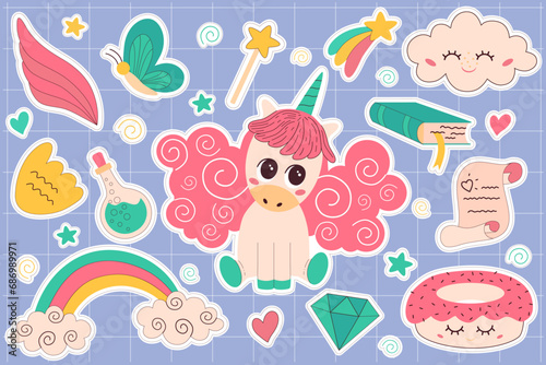 Set of unicorn magic stickers  stars  potions  magic wand  clouds and rainbow  magic spells  cute faces  kawaii characters  printable stickers.