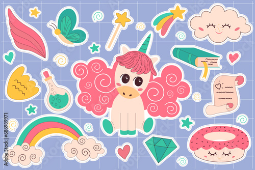 Set of unicorn magic stickers, stars, potions, magic wand, clouds and rainbow, magic spells, cute faces, kawaii characters, printable stickers.