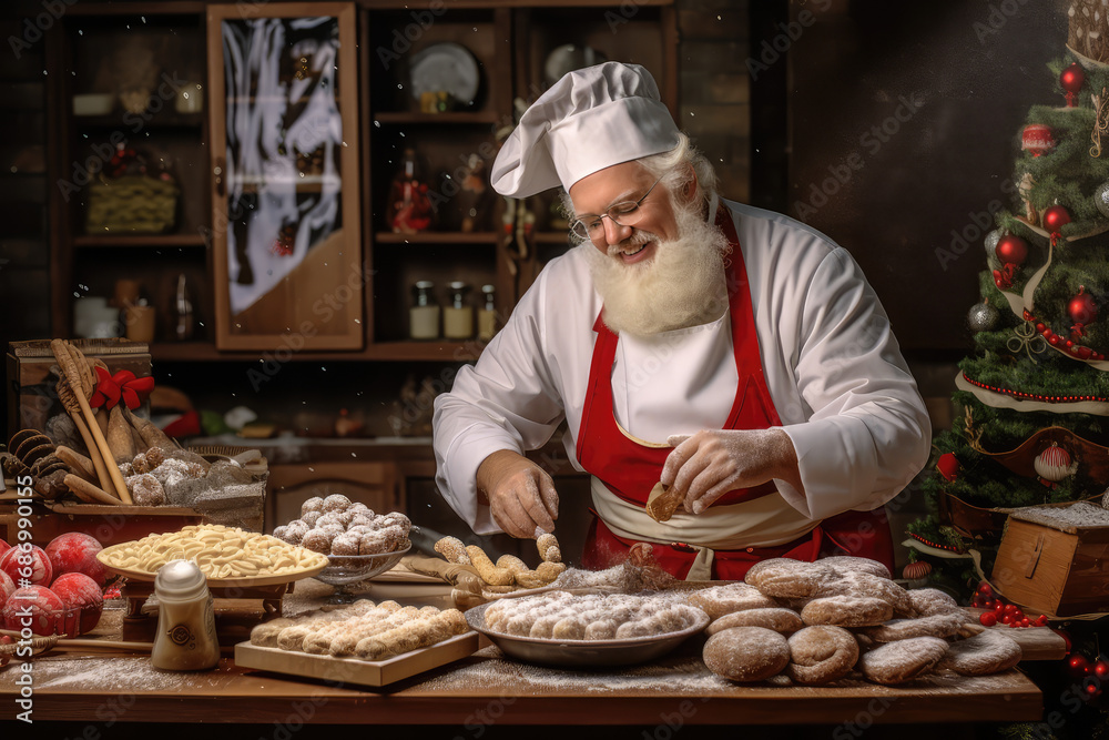 Santa Claus baker in a chef's uniform, cooking Сhristmas cookies