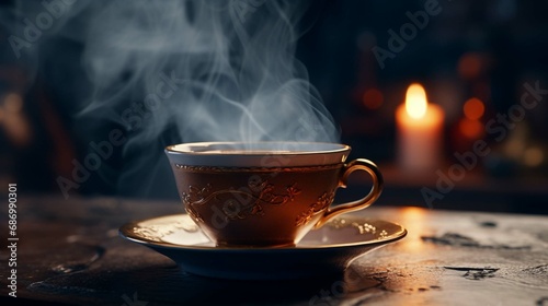 Photograph a steaming cup of coffee, its rich aroma and inviting steam tempting the senses.