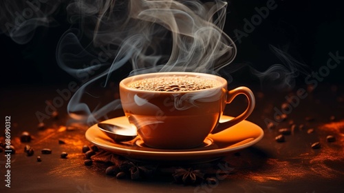 Photograph a steaming cup of coffee, its rich aroma and inviting steam tempting the senses.