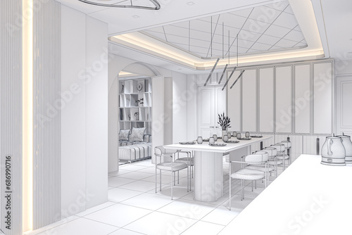 luxury dining room decor 3d rendering modern dining room and living room design