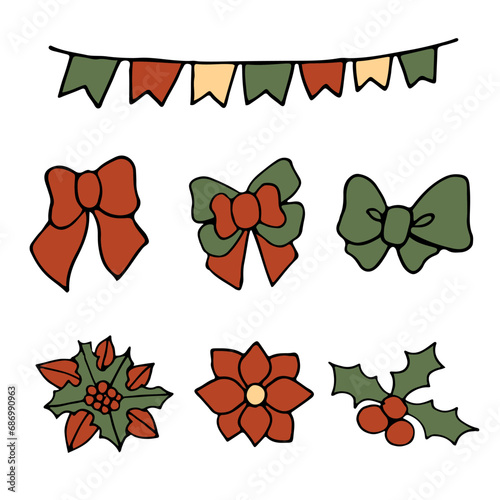 Set of had drawn doodle flat colorful hanging flag ribbons ,bow , and flower , green red and yellow color isolate on white ,Christmas  ,birthday  celebration  design elements for cards , invitation