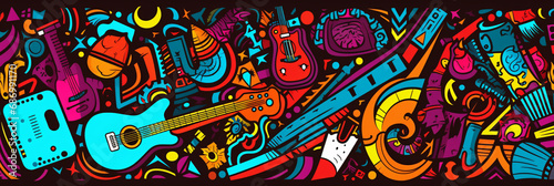 Large Pop Art Vector Design Featuring Diverse Portraits, Musical Instruments, and Eclectic Random Objects