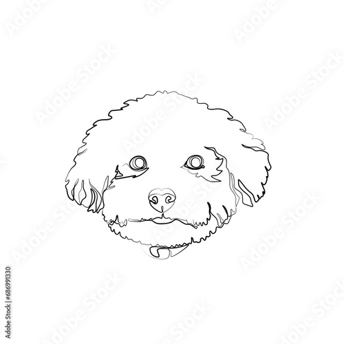 Cute poodle dog face, continuous line drawing, puppy head pet small mini tattoo, print for clothes, silhouette one single line on white background, isolated vector illustration.