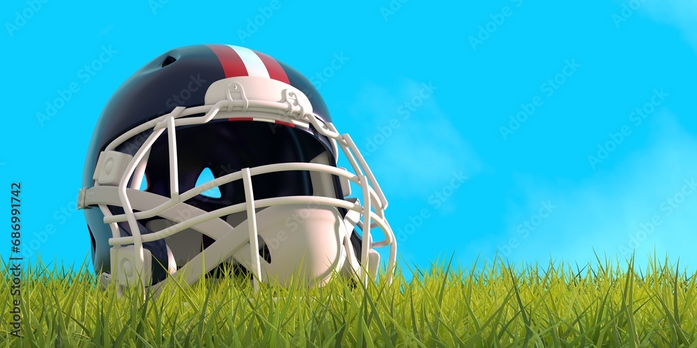 American football helmet with New England Patriots team colors. Green grass of footbal field. 3D render