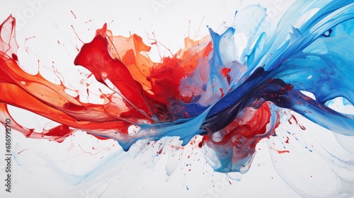 a dynamic image of vibrant red and blue paint splashes colliding on a pristine white canvas, frozen in time.