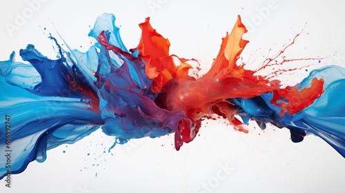 a dynamic image of vibrant red and blue paint splashes colliding on a pristine white canvas, frozen in time. photo
